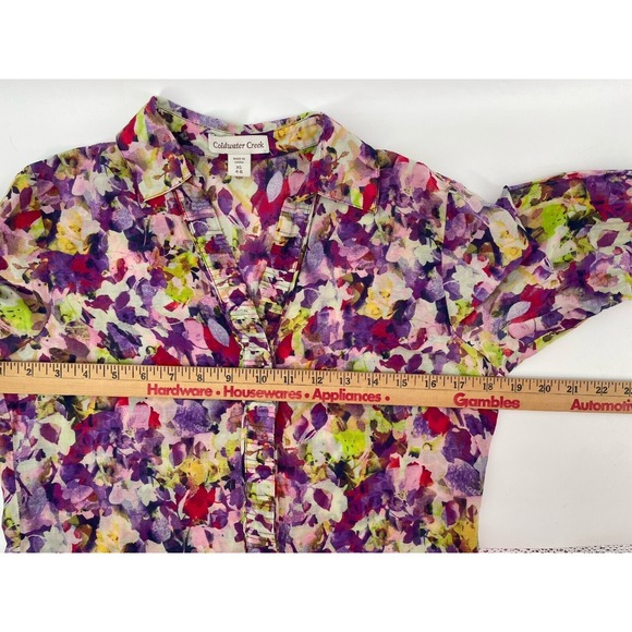 Coldwater Creek Floral Top Women's XS Silk Cotton Blend Button Up Ruffle Front - Picture 7 of 10